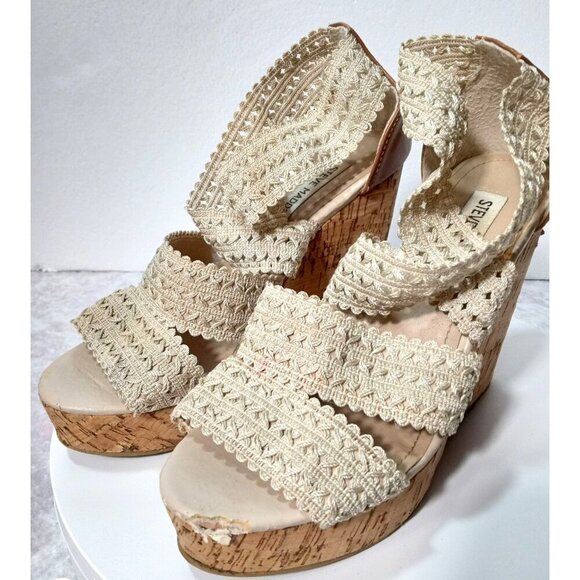 Steve Madden Beige Cork Woven Fabric Edelle Platform Sandals Size 8 - Picture 10 of 16